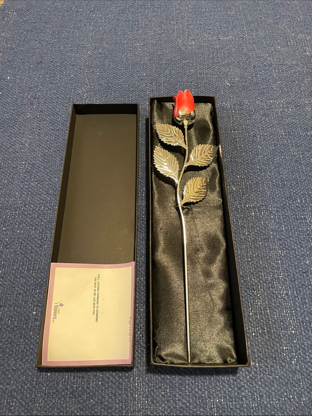 Red Enamel Rose Accent Stem with Silver-Tone Leaves
